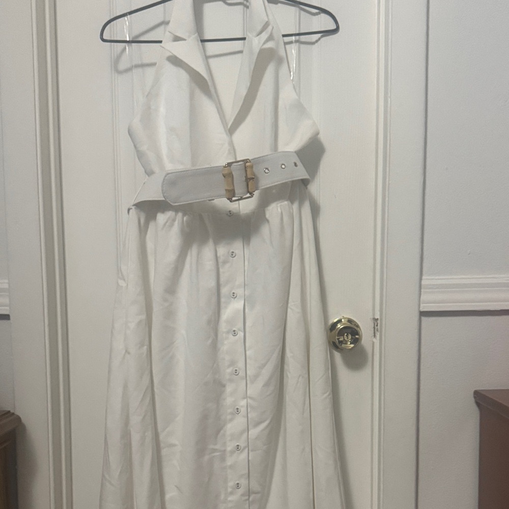 Elegant White Backless Halter Dress with Belt